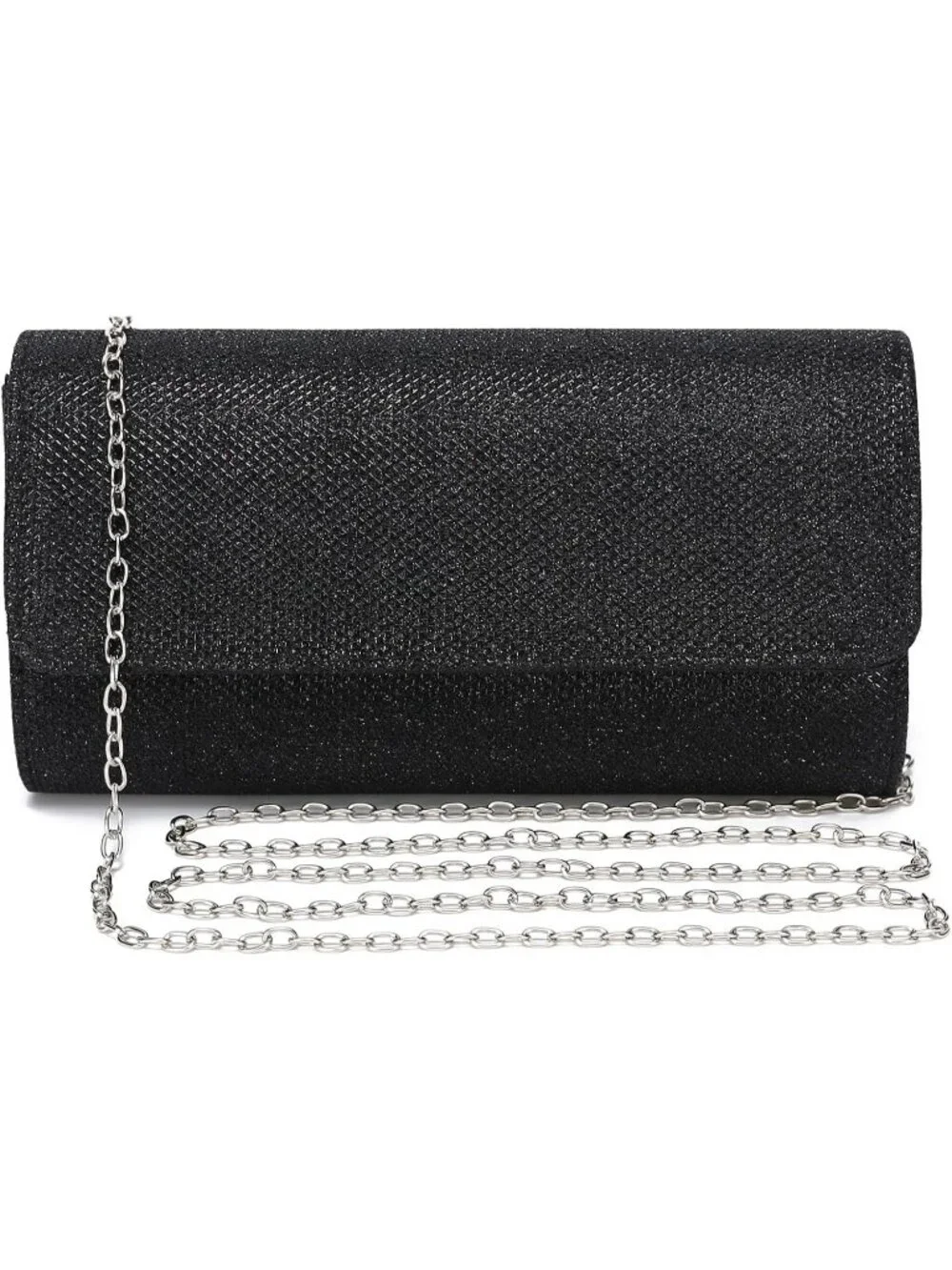 Women's Black Glitter Clutch Purse Evening Bag With Chain For Wedding Handbag